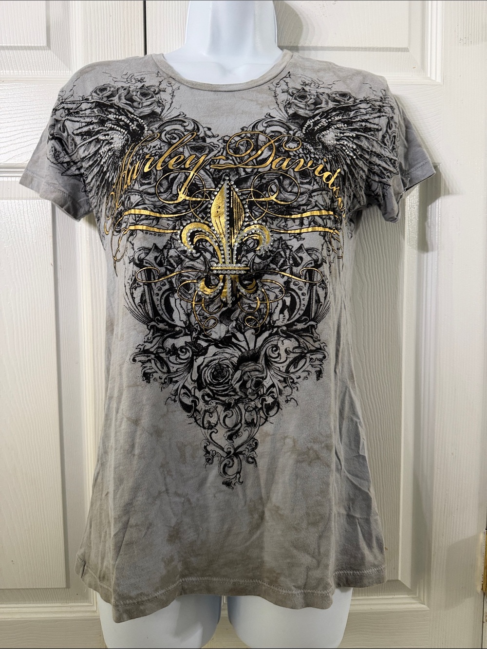 Harley-Davidson Greenville SC Gray Tee Black Gold Fleur-de-Lis Graphic Sz S GUC